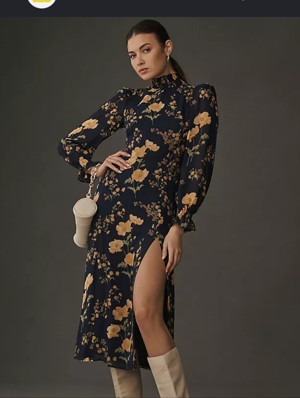 Reformation Navy Dress with Mustard Floral Print — Long Sleeve Midi